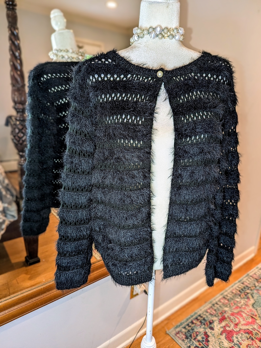 Sioni Black Fuzzy Open-Knit Pearl-Button Cardigan